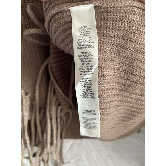 Chicos Drama Fringe Sweater Tan Brown Shimmer Rib Knit Large Chic Western - Picture 4 of 7